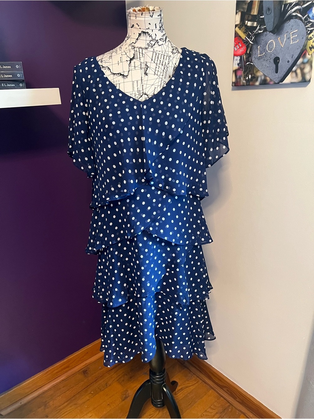 SLNY Plus Size Navy and White Polka Dot Tiered Midi Dress
